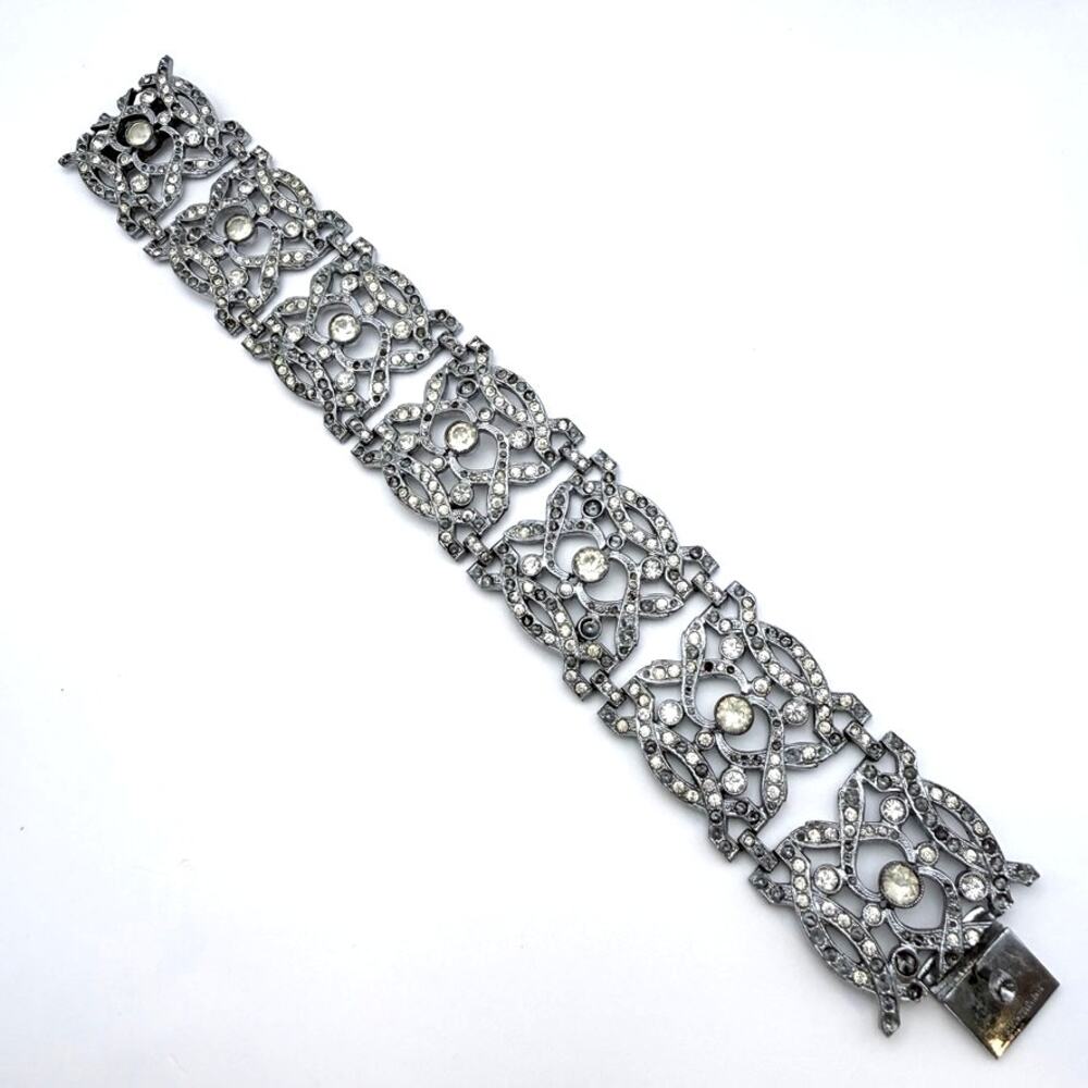 Antique Art Deco Czech Paste Rhinestone Crystal Wide Bangle Bracelet 7.5" READ